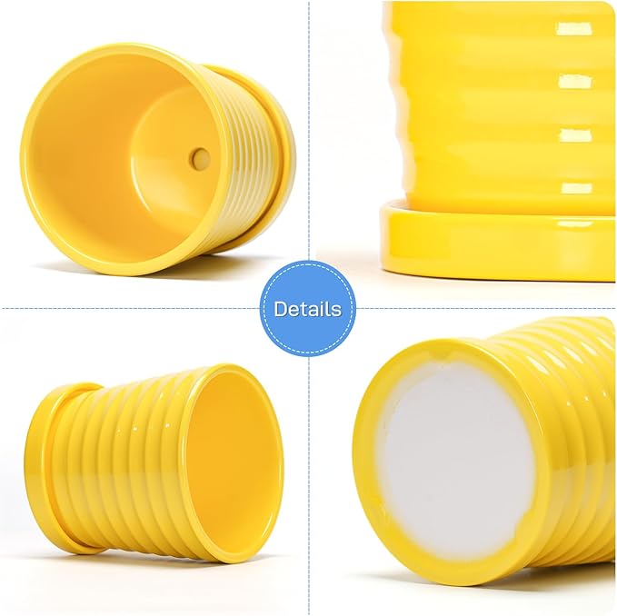 Ton Sin Plant Pots, 6 Inch Flower Pots for Plants,Ceramic Planter with Drainage Holes,Indoor Planter Pots with Saucer,Outdoor Garden Pots (Yellow, 4 Pack)