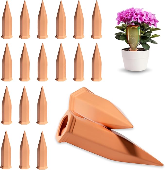 Terracotta Plant Watering Stakes, Self-Watering System for Indoor and Outdoor Plants, 20-Pack