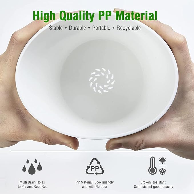 6 Inch Plant Pots Bulk, 6 Pack Plastic Planters with Drainage Holes and Saucers for Indoor Outdoor House Plants and Flowers, White