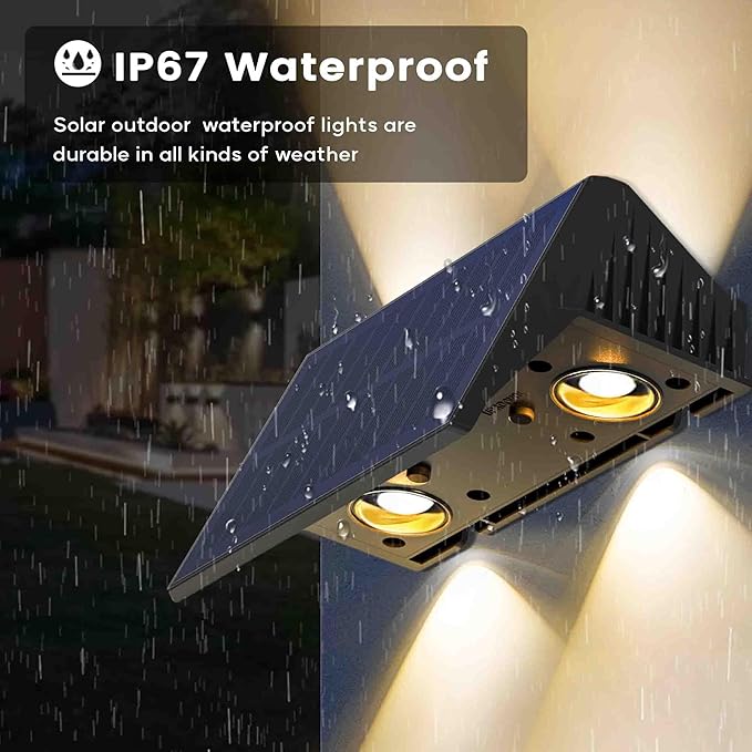 Fence Lights Solar Powered, 4-Pack Solar Fence Lights Up/Down Flexible Buttons, IP67 Waterproof for Outdoor, 120LM Bright, Auto Dusk to Dawn for Wall/Stairs/Yard/Railing/Deck/Pathway (White & RGB)