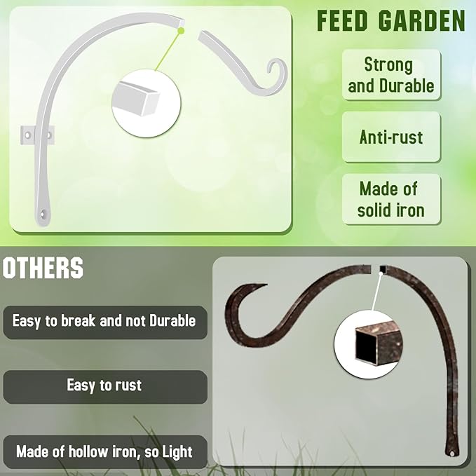FEED GARDEN 2 Pack 12 Inch Hanging Plant Bracket Wall Hooks Decorative Plant Hangers for Outdoor Hanging Bird Feeders, Wind Chimes, Plant Baskets, White