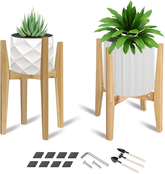 OERGKE 2 PACK Adjustable Plant Stand Indoor, Bamboo Mid Century Modern Plants Stands, Corner Flower Holder for Living Room, Fits 8 to 12 Inches Pots, (Pot & Plant Not Included)(Nature)