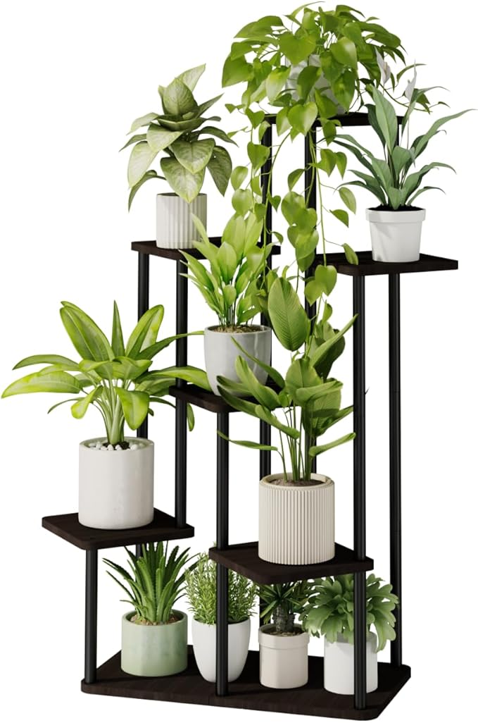 7 Tiered Plant Stand Indoor Corner Plant Shelf for Multiple Plants for Patio Garden Balcony Living Room Bedroom, Tall Metal Flower Pots Stand Relaxing for Women Gift Black Oak