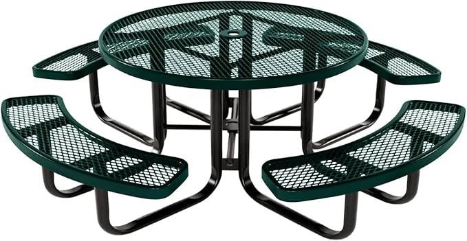 Heavy-Duty Portable Outdoor Kids Table with Umbrella Hole, Expanded Metal Kids Picnic Table, Commercial-Grade, Made in America (46 in, Round, Childrens, Textured Dark Green)