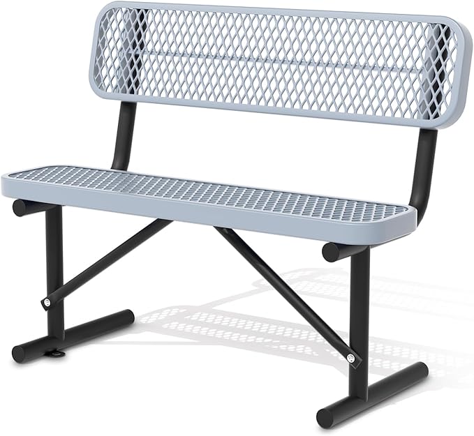 Heavy Duty Park Bench with Back Portable Frame, Outdoor Steel Bench with Backrest, Outdoor Park Bench Expanded Metal Mesh Bench for Lawn, Park, Deck, Garden, Patio, Porch, Black (Gray, 4FT)