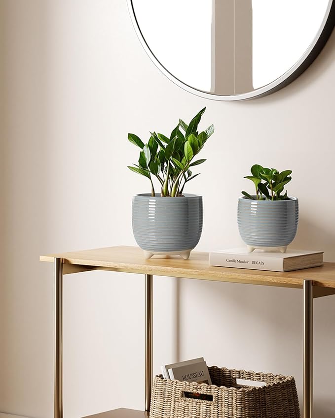 LE TAUCI Ceramic Plant Pots, 5.1 + 6.4 Inch Footed Pots for Plants, Modern Flower Pots for Home and Office, Indoor Planters with Drainage, Reactive Glaze Gray