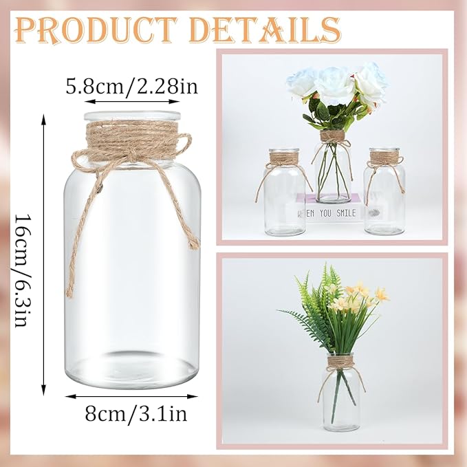 Vintage Glass Flower Vase，6 Pack FarmhouseTransparent White Glass Centerpiece Vases Mason Jars for Weddings, Parties & Home Decor Bulk (6, Transparent)