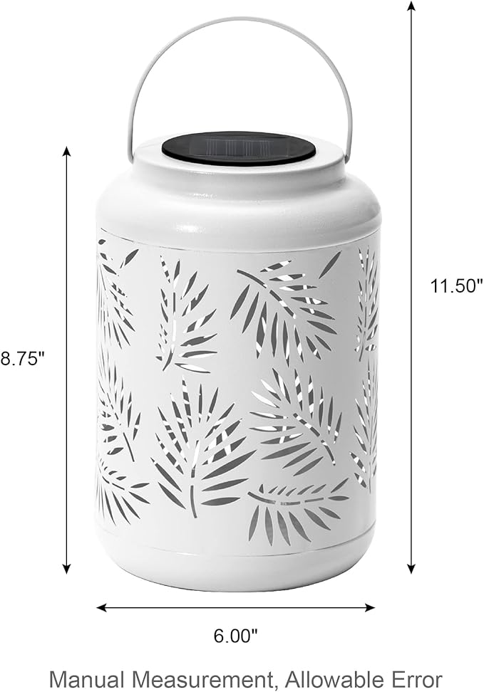 Glitzhome Solar Lantern White Metal Cutout Leaf Outdoor Hanging Solar Light with Handle for Garden Patio Yard Outdoor Decor