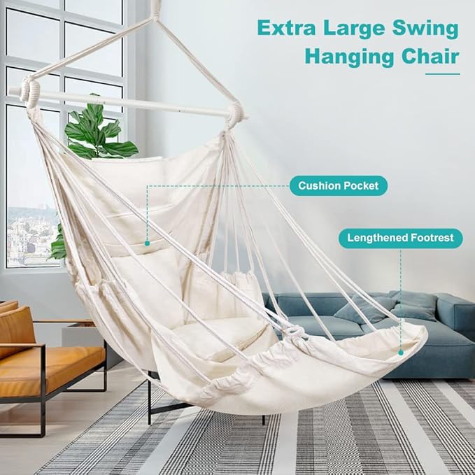 Outerman Hammock Chair, Hanging Chair with 3 Cushions and Foot Rest Support, Sturdy Metal Spreader Bar Max 440 Lbs, Swing Chair for Bedroom, Indoor & Outdoor, Patio, Porch or Tree（White）