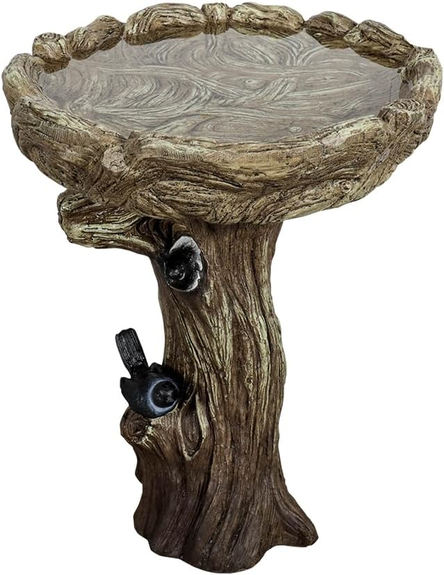 SunJet 23 Inch High Wood-Look Concrete Bird Bath with Decorative Faux Bird – Birdbath Rustic & Long-Lasting Design, Enhances Garden, Patio, Yard, Lawn Decor