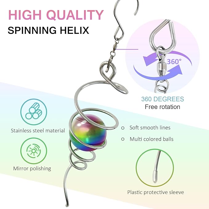 Multi Colors Gazing Ball Spiral Tail Wind Spinner,Decorative Wind Spinner 11inch Tail&2 inch Stainless Steel Orb.Indoor Outdoor Wind Spinner Tail Garden Decoration-13 inch Height