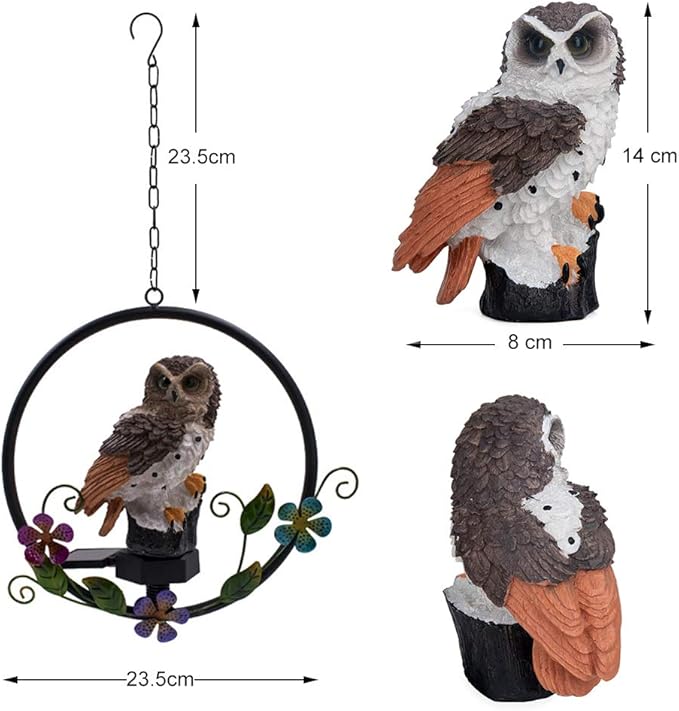 ASFSKY Gift for Owl Lovers Garden Solar Hanging Owl Statue Waterproof Outdoor Hanging Garden Decorations (Brown)