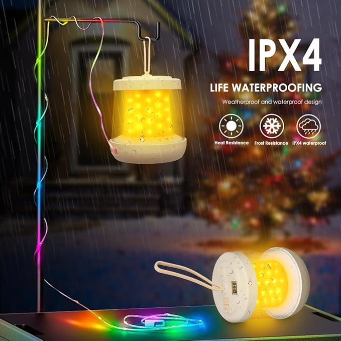 UniqueFire Portable 2-in-1 Camping Lantern & String Lights, Rechargeable LED Tent Lantern with RGB String Lights for Camping, Party, Garden & Yard Outdoor Decoration