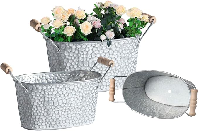 Galvanized Oval Planter Tubs for Outdoor Plants - Farmhouse Small Metal Tin Buckets with Drain Hole & Rubber Plug Medium Plant Containers with handles vintage style for decor, Set of 3 (Stone Pattern)
