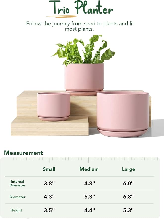 LE TAUCI Ceramic Plant Pots, 4.3+5.3+6.8 inch, Set of 3, Planters with Drainage Hole and Saucer, Indoor Flower Pot with Hole Mesh Pad, Gifts for Mom, Pink