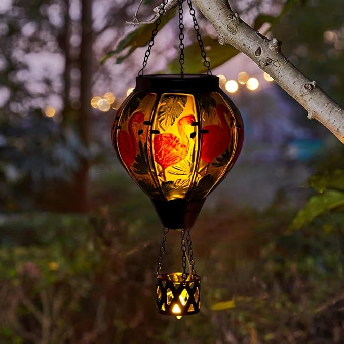 Flamingo Solar Hot Air Balloon Flickering Flame Hanging Garden Light,Glass Hot Air Balloon Solar Lanterns Outdoor Waterproof for Patio Tree Yard Decor,Flamingo Lantern Birthday Gifts for Women