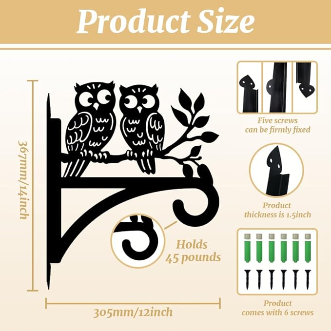 peacoblue Iron Plant Hangers Hooks for Outdoor Indoor Hanging Plants Flower Fern Pots Lantern Bird Feeder Wind Chimes, 12"x14" Owl Weather Resistant Metal Wall Holder for Porch Garden Farmhouse(Owl)