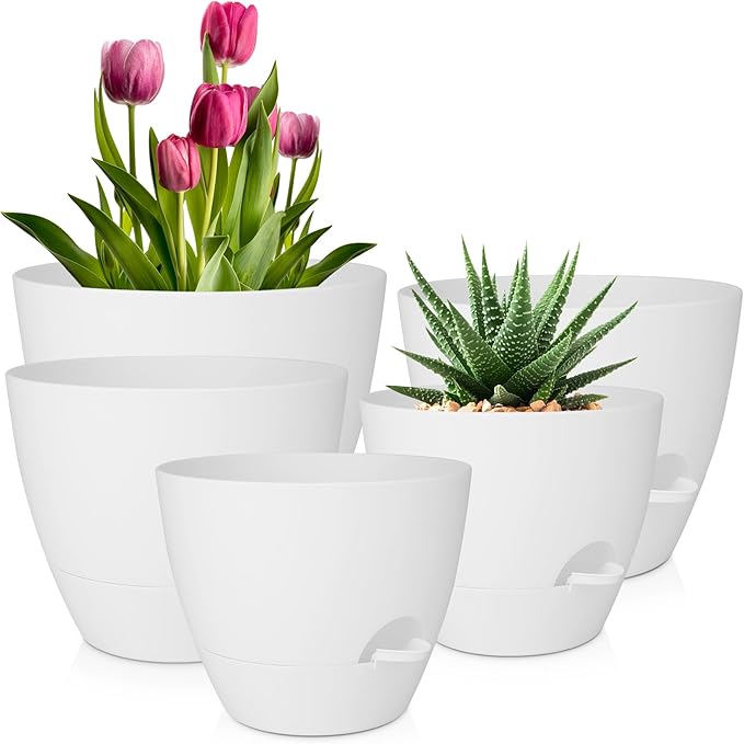 Plant Pots 10/9/8/7.5/7 Inch Self Watering Pots, Set of 5 Plastic Planters with Drainage Holes and Saucers,Plastic Flower Pots,Nursery Planting Pot for Indoor Out Door Plants(Pure White)