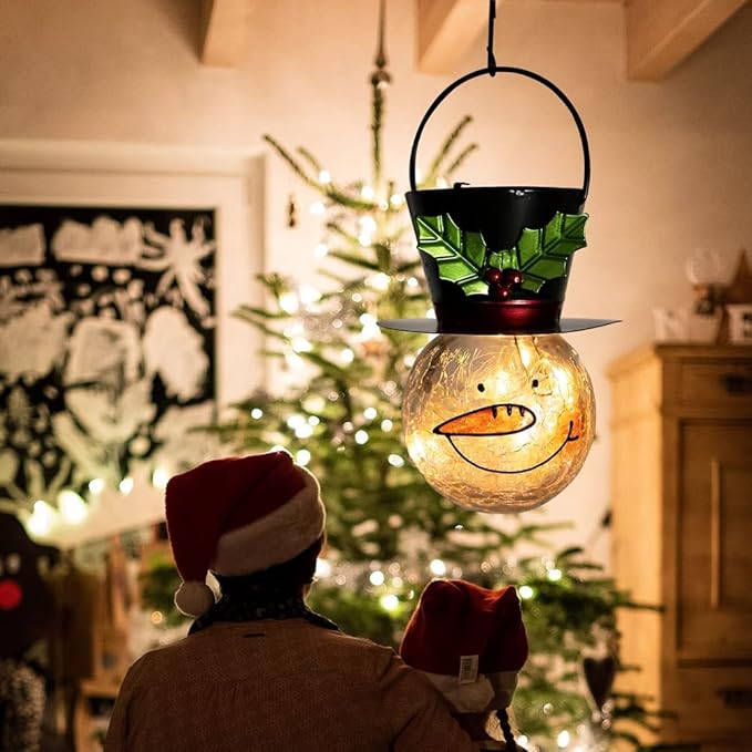 Starsoul Snowman Solar Lanterns, Christmas Outdoor Hanging Lantern Waterproof Decorative Snowman Lamps Decor for Garden, Patio, Yard, Porch, Xmas Holiday Party Decor (Large Leaves)