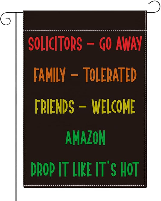 Funny Welcome Sarcastic Garden Flag Outdoor Decorations Go Away Family Tolerated Friends Small Double Sided Burlap art Stained Glass Style Garden Flags 12 x 18 Inch for Outside