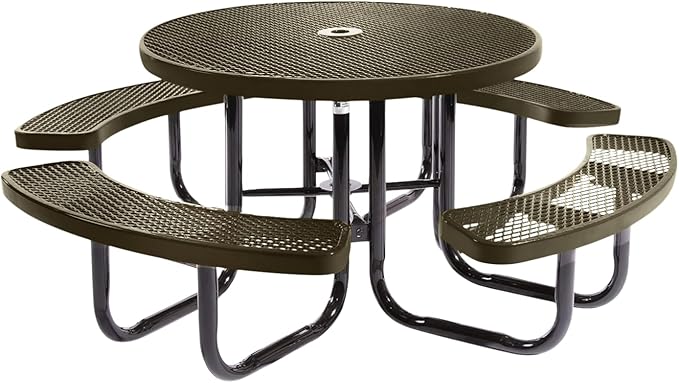 Heavy-Duty Portable Outdoor Picnic Table with Umbrella Hole, Expanded Metal Commercial-Grade Patio Dining Furniture Made in America (46" Round Top, Textured Gold Vein)