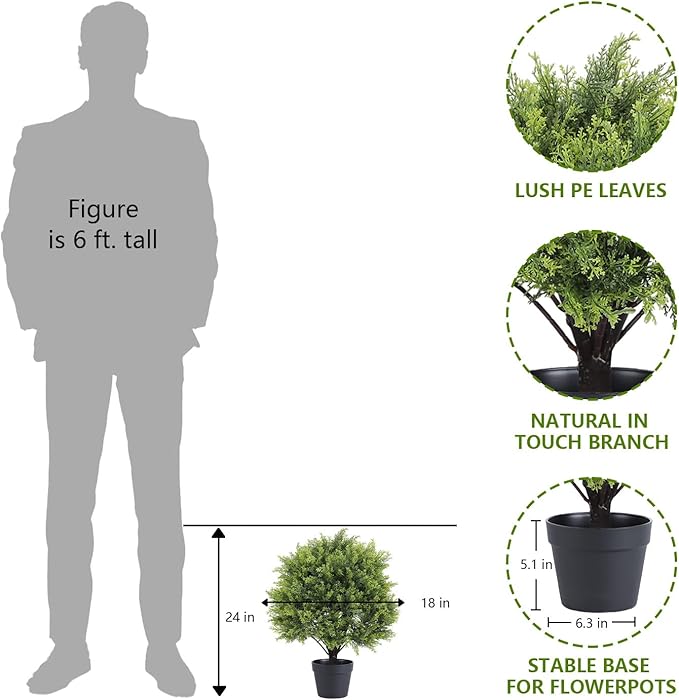 THE BLOOM TIMES 2ft Artificial Topiary Ball Trees Outdoor Set of 2, 24" Tall Faux Cedar Plants Outside UV Resistant Greenery Fake Evergreen Potted Bushes and Shrubs for Front Porch Patio Planter Decor