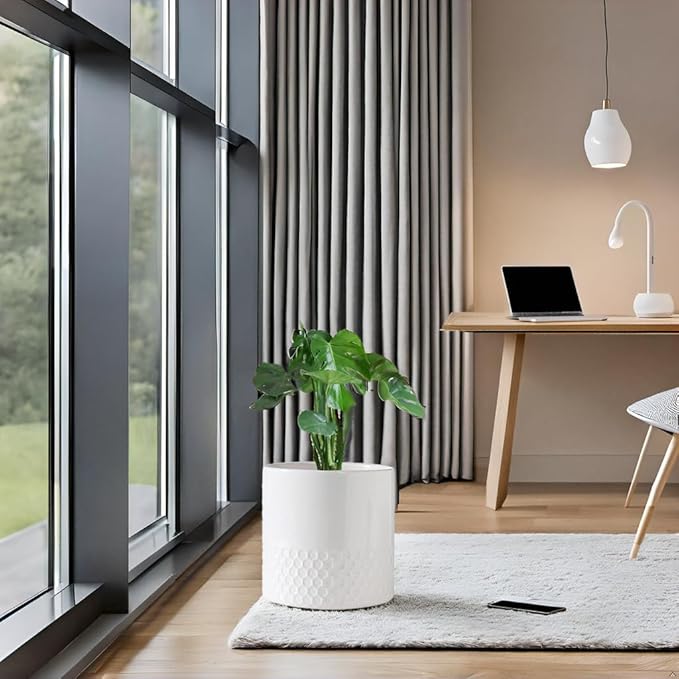 Docrin Ceramic Planters Indoor: 8 Inch Plant Pots with Drainage Holes for Home/Office - White Honeycomb