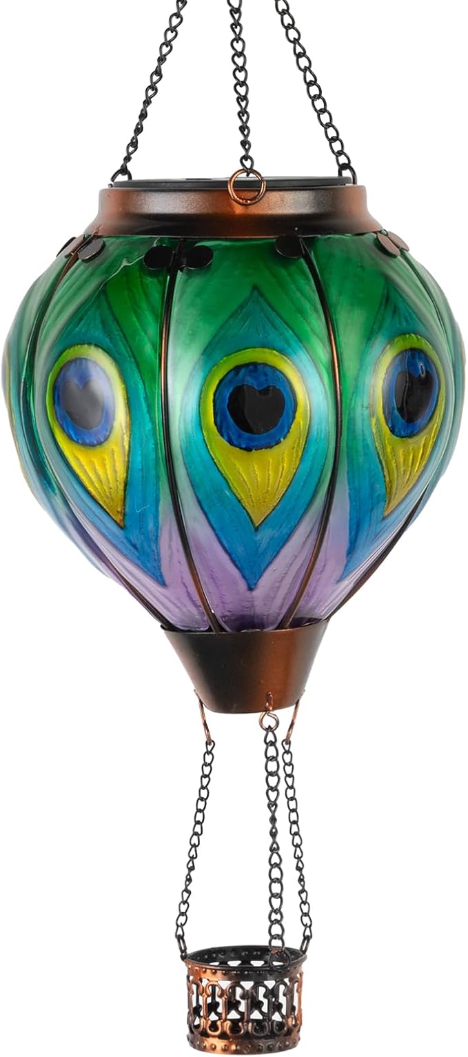 Peacock Hot Air Balloon Hanging Solar Lantern Lights, Flickering Flame Solar LED Candle Lights Outdoor Garden Decorative Metal & Glass Waterproof Lanterns for Yard Patio Farmhouse Decoration