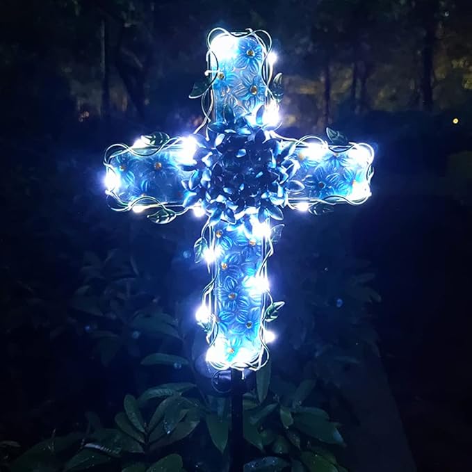 Solar Cross Garden Lights Outdoor Decorative - Solar Metal&Glass Cross Blue Hydrangea Flower Stake Lights- Waterproof 20 Warm White LED for Remembrance Gifts