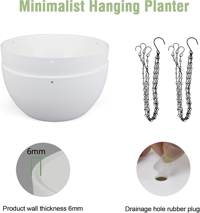 12 inch Large Hanging Planters for Indoor Outdoor Plants, 2 Pack Hanging Flower Pots with Drainage Holes and Chain for Garden Porch, Plastic Hanging Baskets for House Plants, White