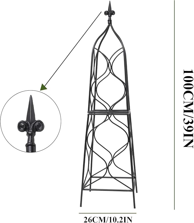 Obelisk Trellis for Garden - 38.3" x 10.03" Durable Metal Climbing Support for Roses, Vines & Flowers | Elegant Black Design with Decorative Top & Hollow Sides