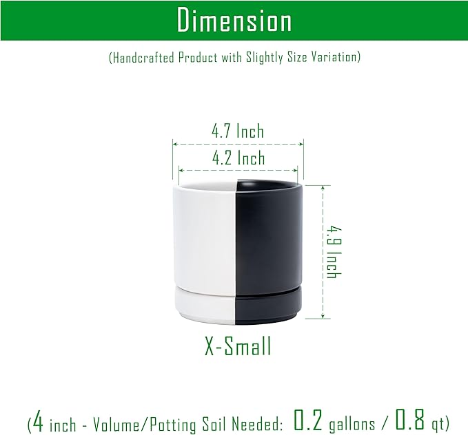 D'vine Dev 4.7 Inch Ceramic Planter Pot with Drainage Hole and Saucer, Indoor Cylinder Round Planter Pot, Split Monochrome Black & White, 94-O-B-0
