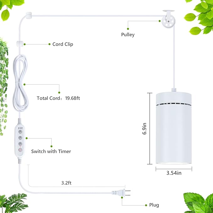 HMVPL Hanging Grow Light for Indoor Plant Full Specturm, Plug in Plant Light with 4000K 40W COB Grow Light Bulb, Small Grow Lamp with Pulley, 4/8/12H Timer for Indoor Seed Plant Flower Output(19ft)