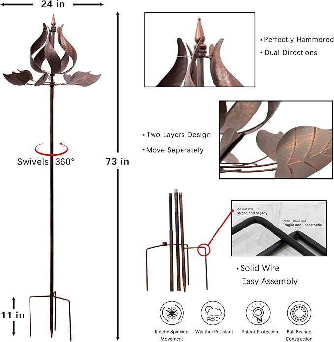 Tulip Wind Spinners Yard Garden - Large Copper Wind Sculptures & Spinners Outdoor Metal, Kinetic Yard Art Windmill Decor for Patio, Lawn (W24 x H73)