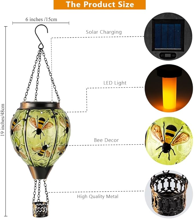 Starsoul Hot Air Balloon Solar Lantern Bee Glass Hanging Outdoor Hot Air Balloon Solar Flickering Flame Light Waterproof Garden Patio Yard Party Decorations