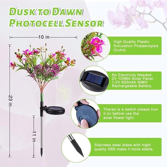 Neporal Garden Solar Lights Outdoor Waterproof IP65, 2PK Phalaenopsis Solar Flowers Solar Garden Lights Waterproof for Patio Decor, Yard Decor,Gardening Gifts for Women