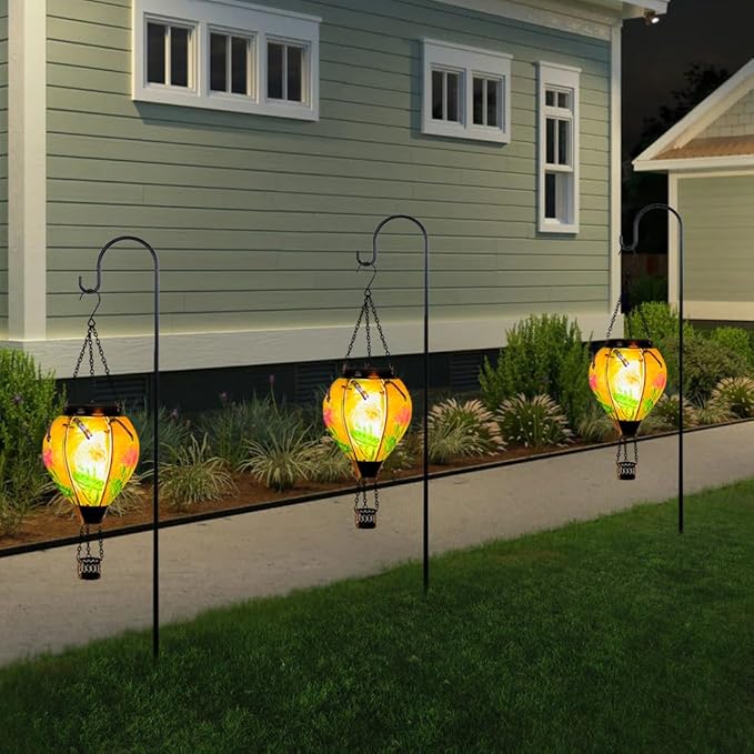 Starsoul Starsoul Dragonfly Hot Air Balloon Solar Lantern Glass Outdoor Hanging Hot Air Balloon Solar Flickering Flame Light Waterproof Garden Patio Yard Party Decorations