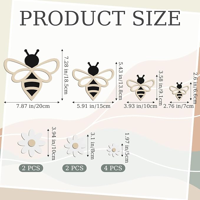 12 Pieces Wooden Bee Decor Farmhouse Honey Bee Daisy Wall Art Hanging Floral Wall Sign for Nursery Indoor Outdoor Garden Yard Kitchen