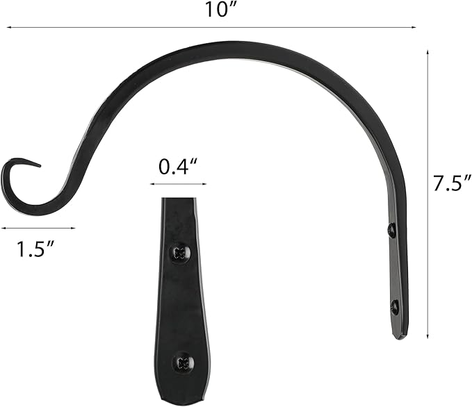 Worth Garden 6-Pack 10" Plant Hanger Bracket - Hand-Forged Wrought Iron Powder-Coated Heavy Duty Wall Hooks - Black Curved Plant Hanging Hooks for Bird Feeders, Flower Baskets, Indoor & Outdoor Use