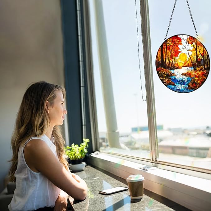 Sunset Suncatcher Stained Glass Window Hanging - Sun Catchers Indoor Window Decorations with Tree and River - Sunset Scenery Window hangings with Hooks - Valentines Day Gifts for Him Her Women Men