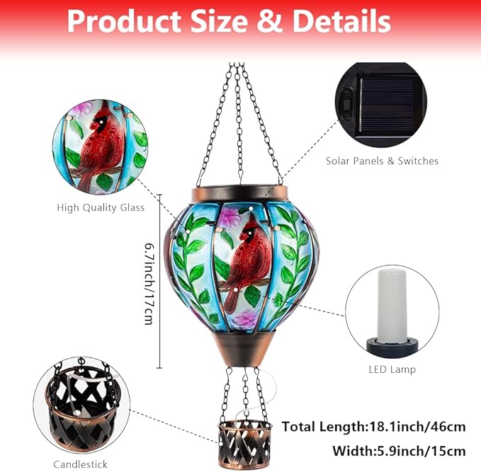Starsoul Cardinal Hot Air Balloon Solar Flickering Flame with Candle Holder Outdoor Solar Lantern Hot Air Balloon Solar Light Waterproof Hanging Solar Balloon Lamp Garden Patio Yard Decor