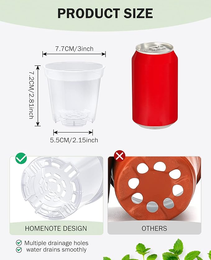 homenote Clear Nursery Pots for Plants,3 Inch Plant Pot for Planting Plastic Seedling with Drainage Holes Seed Starter Flower High Transparency with 20 Labels (60 Pack)