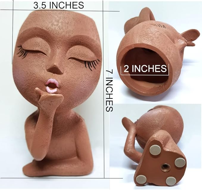 Face Planter, Head Planter, Women Faces Flower Pots, Plant Pots, Small Kissing Succulent Pots for Indoor Outdoor Plants, Cute Vase Home Decor, Brown