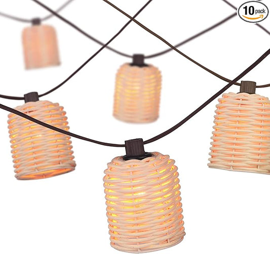 Natural Rattan String Lights, 10 Rustic Raffia Cage,10 Ft Plug in & Connectable Wicker Lights, Rustic Farmhouse Style for Room,Garden,Deck,Patio Decorations, Natural Color Rattan