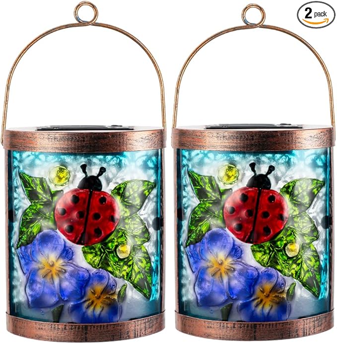 Starsoul 2 Pack Hanging Solar Lantern Outdoor Waterproof Glass Ladybug and Flowers Decorative Solar Lights for Outside Garden Yard Table Patio Decor