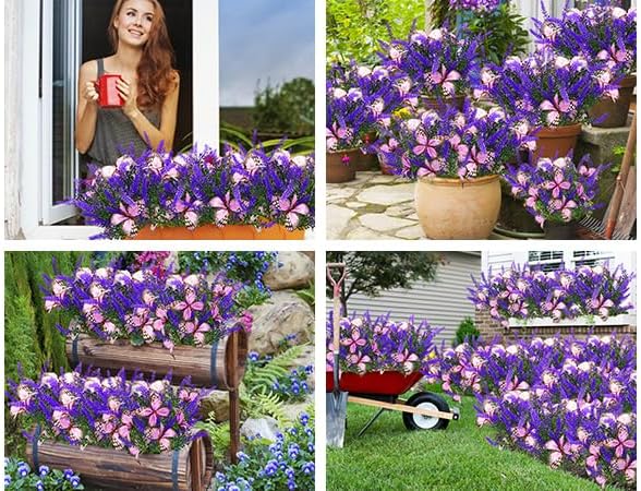 Solar Garden Lights Outdoor, 4 Pack Purple Lavender Solar Butterfly Lights Gardening Gifts for Women, Purple Artificial Flower with Butterfly Garden Decor for Lawn Patio