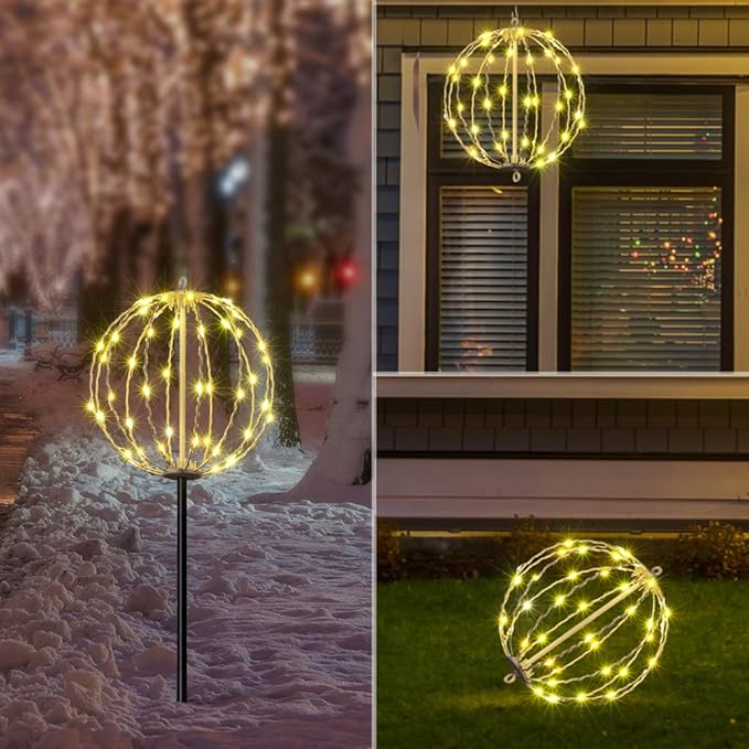 LIGHTSHARE 10IN 48LED Light Ball Yard Decoration Pathway Lights Sphere Light with Fold Flat Metal Frame Indoor Outdoor Waterproof Garden Lights, White Frame / Warm White Lights, 10