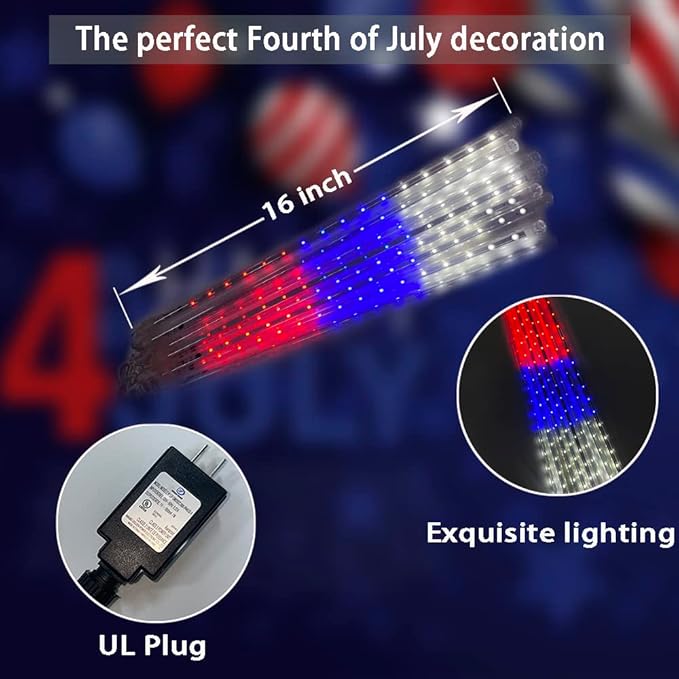 Aokudoni 4th of July Decorations Outdoor, 16 Inch Red White and Blue Meteor Shower Lights for Independence/National/Memorial Day, LED Christmas Lights Outdoor for Yard Garden Tree Holiday Party