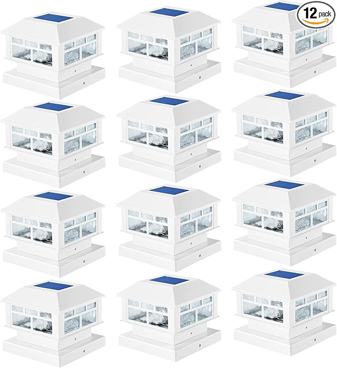 Solar Post Lights Outdoor, 20LM Solar Fence Cap Lights, Waterproof, 2 Light Modes, fit 3.5x3.5in 4x4in 5x5in Wooden Post, Solar Power Deck Light for Garden Deck Patio Decoration(White 12Pack)