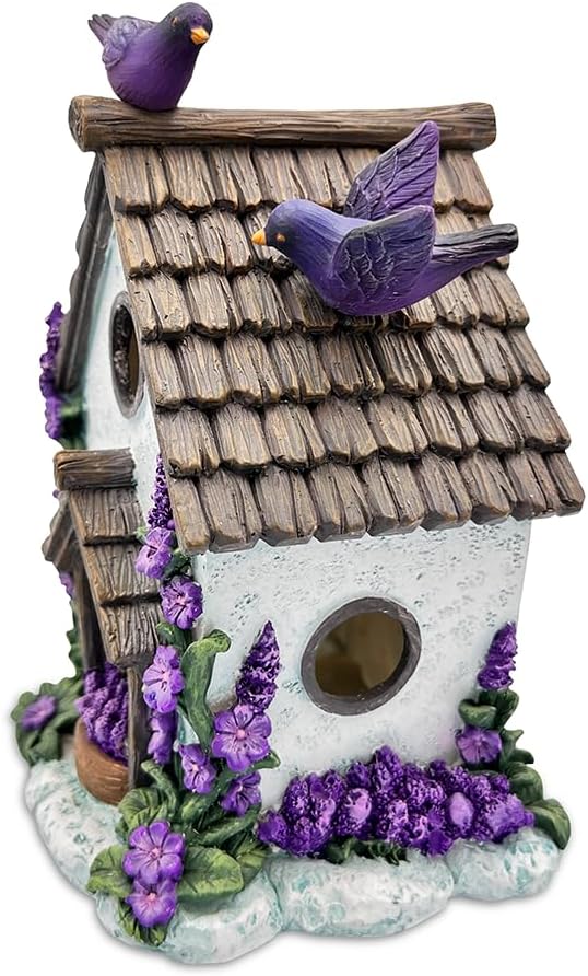 Spring & Summer-Themed Garden Statues – Adorable Outdoor Decor for Lawn, Patio & Porch (Lovely Floral Lavender Bird House Figurine, 7" Novelty Cottage Garden Decor)